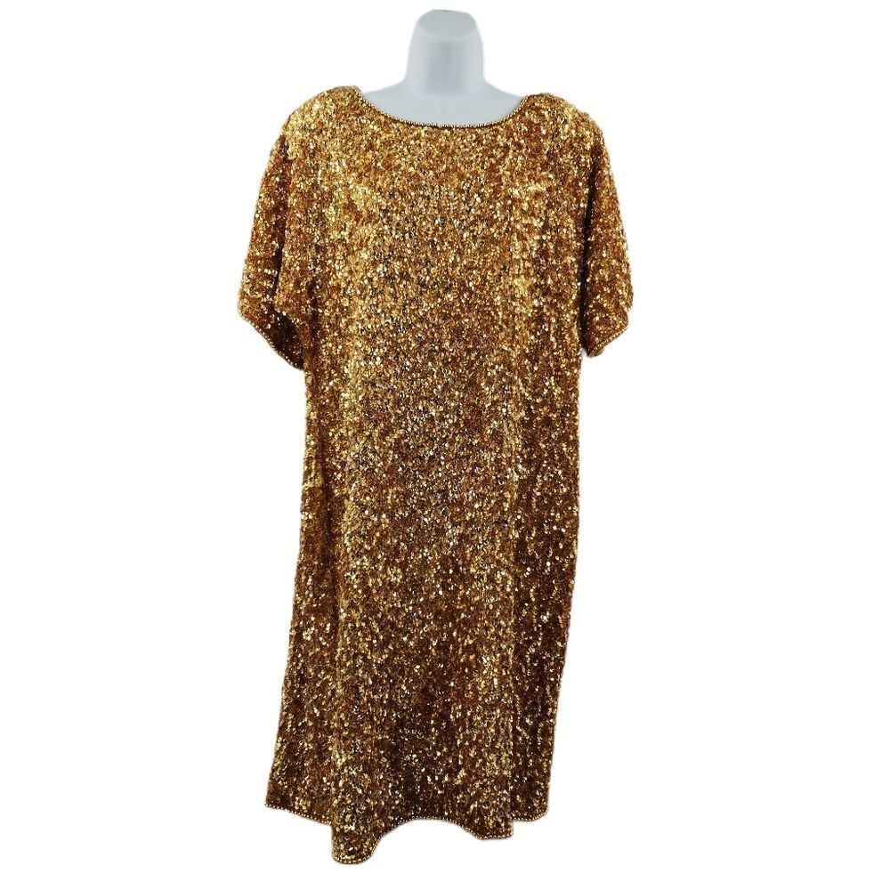 Vintage 1980s 1990s Gold Sequin Beaded Cocktail Party Dress